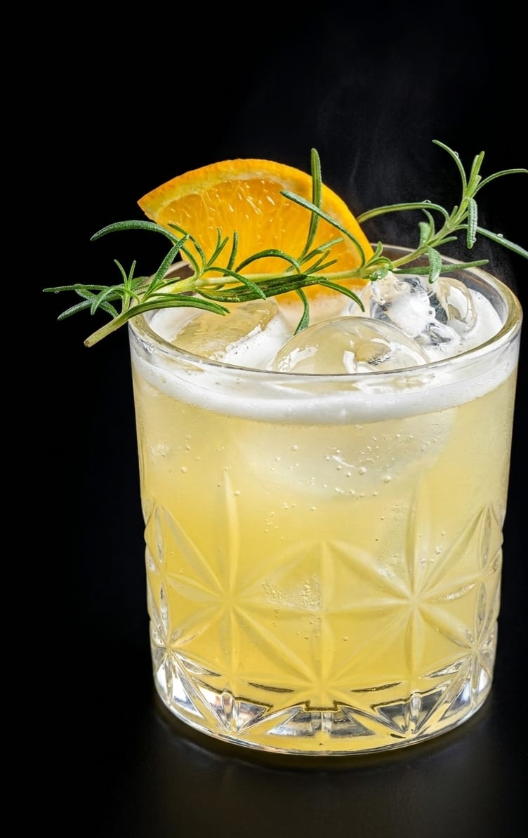 Drink cítrico com laranja e alecrim em copo old fashioned